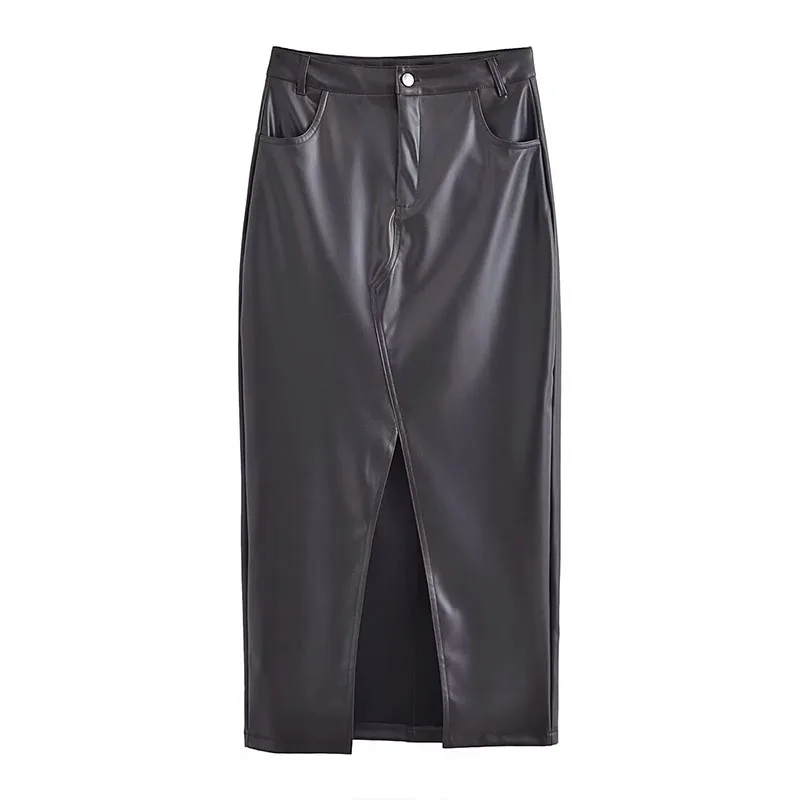 

Winter Women's High Waist Faux Leather Half-body Skirt 2023 New Casual Zipper Pocket Split Misty Half-body Skirt Chic Womenswear