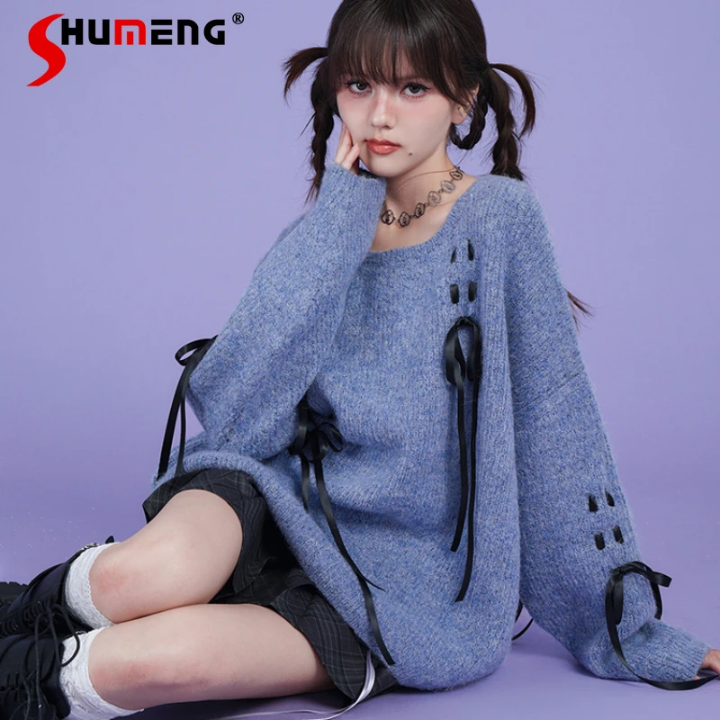 

2023 New Autumn And Winter Japanese Style Sweet Cool Gray Blue Lace Bow O-Neck Sweater Loose Sliding All-Matching Knitwear Top
