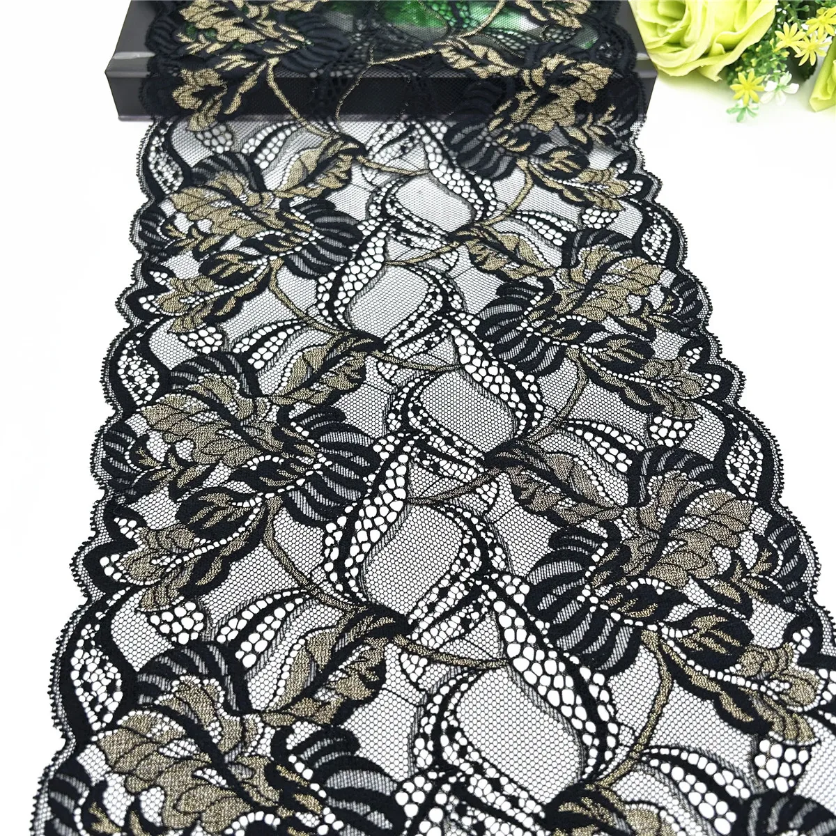 3y/lot Width 23cm Black Gold Shiny Wedding Elastic Stretch Lace Trim 5