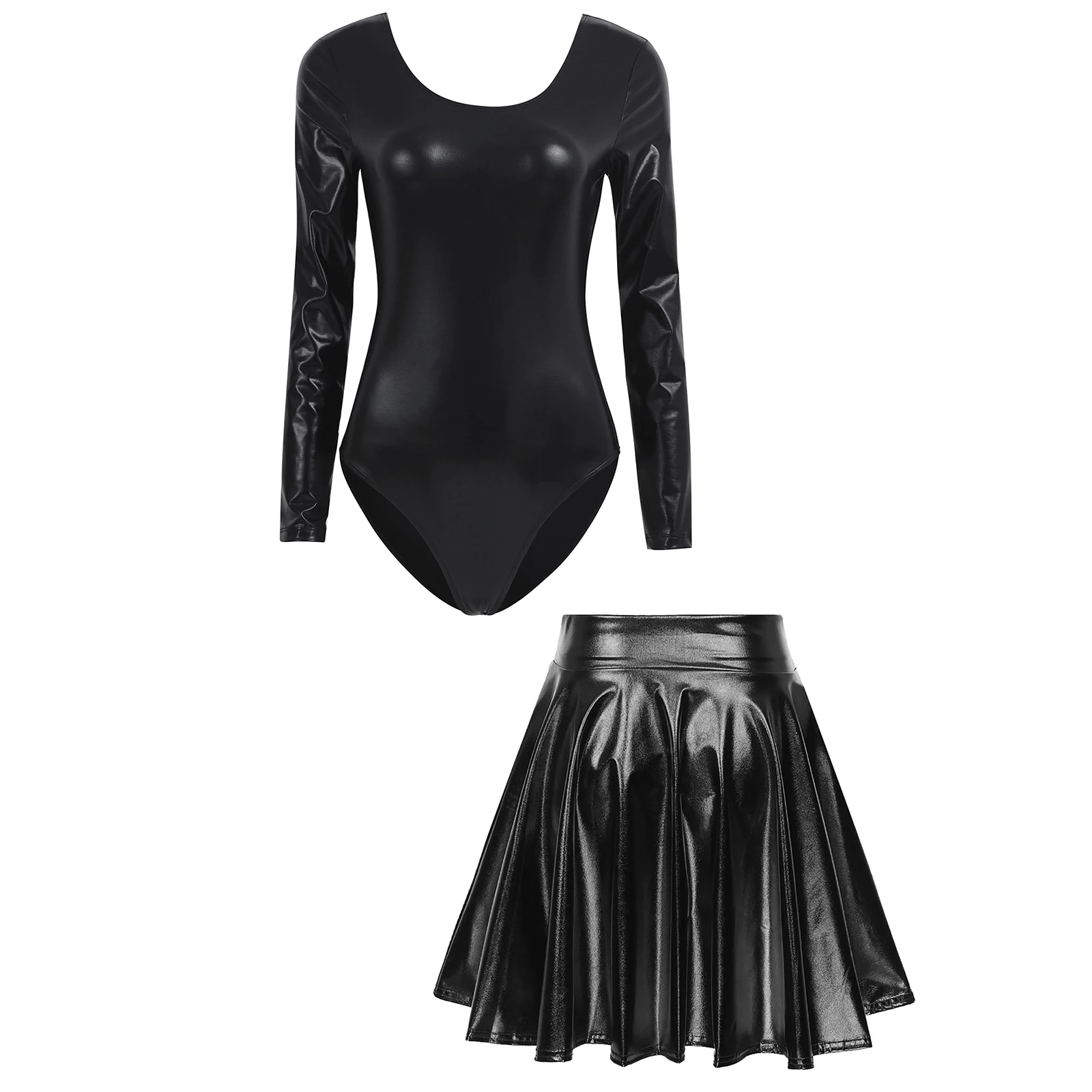 Damen glänzend metallisch Langarm Rundhals Trikot mit hoher Taille Flare Rock Party Musik Festival Tanz Performance Clubwear – Detail 37