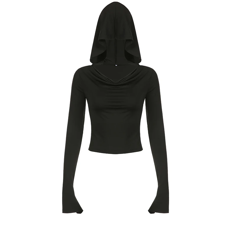 Basic Slim Fit Hooded Crop Top Elastic Long Sleeve Women Black Casual T-shirt Casual Swinging Collar Hoodies Pullover