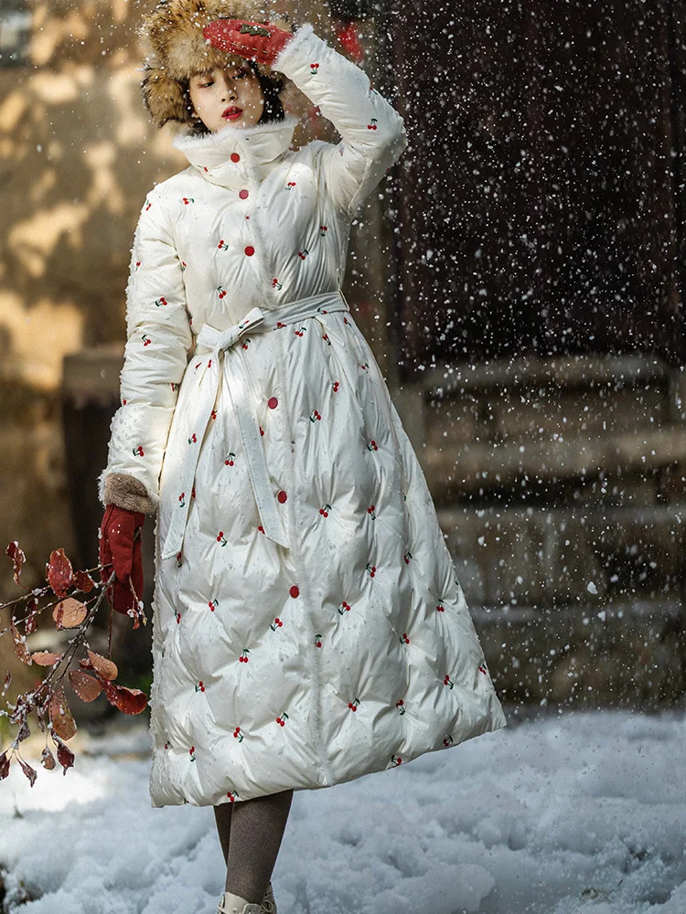 White Embroidered down Jacket Winter Mid-Length Skirt Hem Thickened Coat