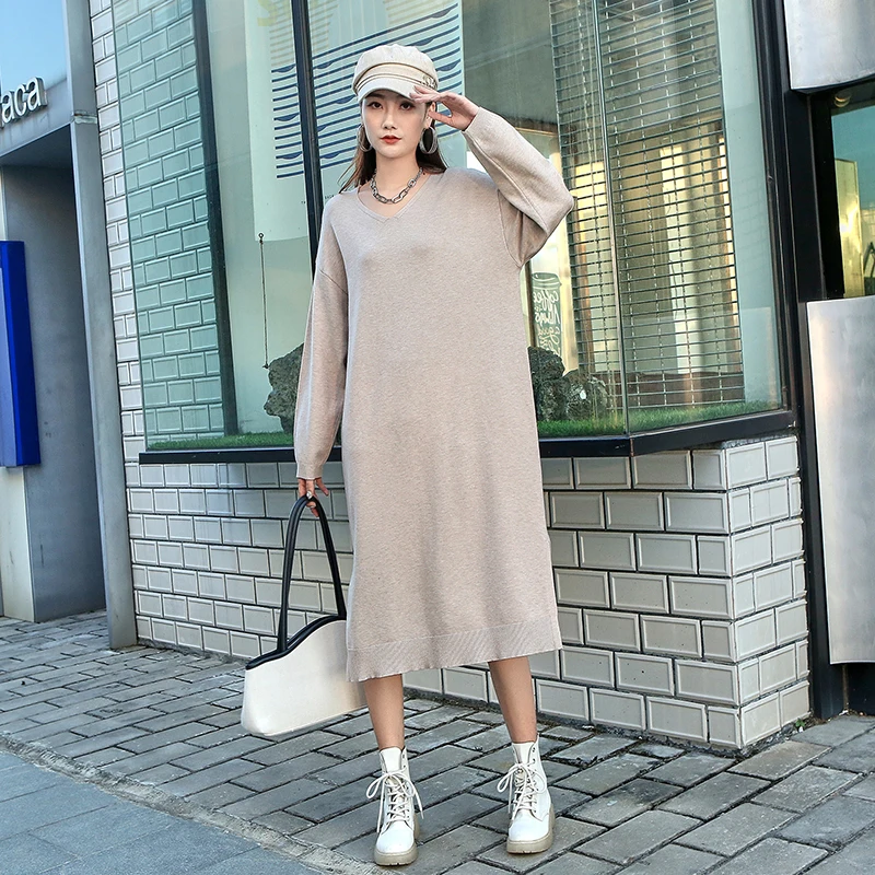 

221044 Women Khaki Knitting Brief Big Size Warm Dress New V-Neck Long Sleeve Loose Fit Fashion Tide Autumn Winter 2022