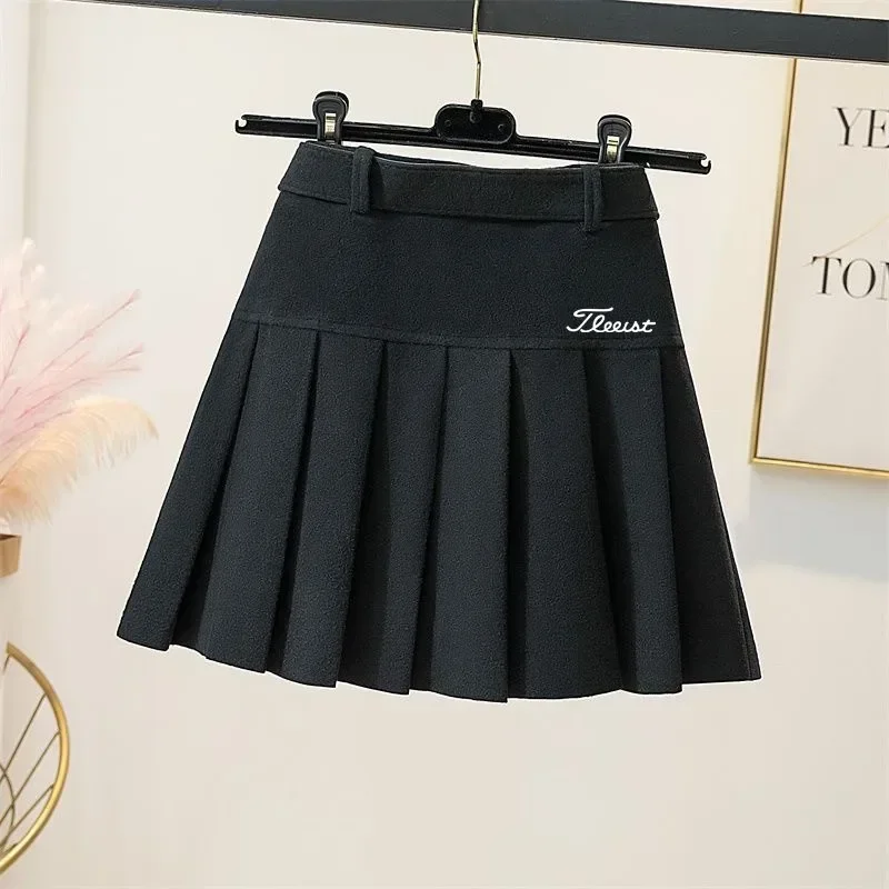 Autumn and Winter Women's Golf Clothing Thick High Waist Pleated Wool Golf Skirt LuxuryBrand GolfClothing Women's Free OriginalBelt sports skirt