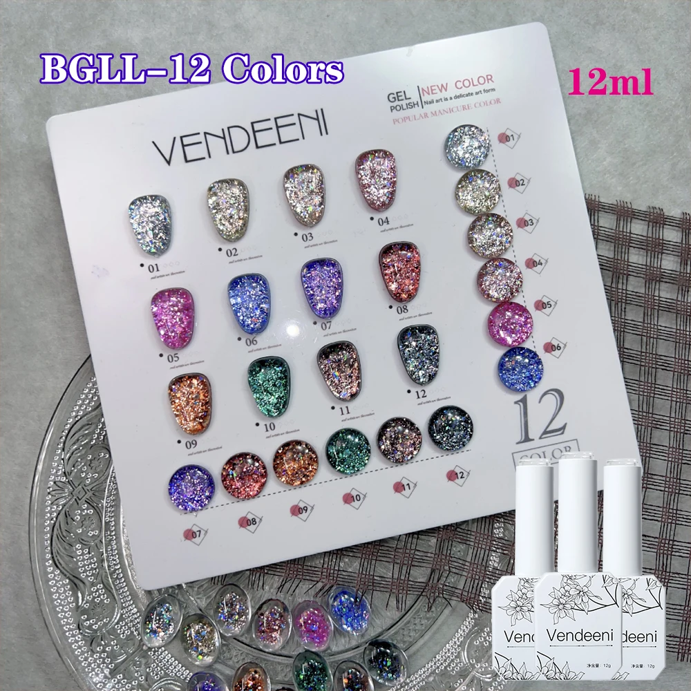 Vendeeni 12 색/세트 글리터 브로큰 다이아몬드 젤 매니큐어 UV LED 고양이 눈 및 투명 젤리 젤 네일 광택제 끄기