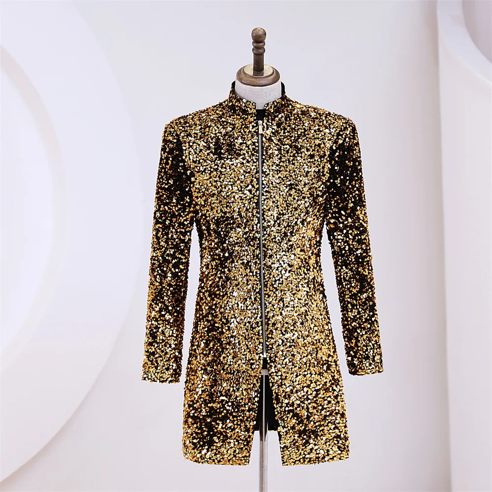 shiny sequins bomber jacket men 2023 luxury fashion harajuku streetwear varsity jacket zipper party disco singer stage costume Luxury Sequin Patchwork Men Long Blazer Coat Party Stage Prom Singer Fashion Costumes 2023 Brand Stand Collar Zipper Suit Jacket