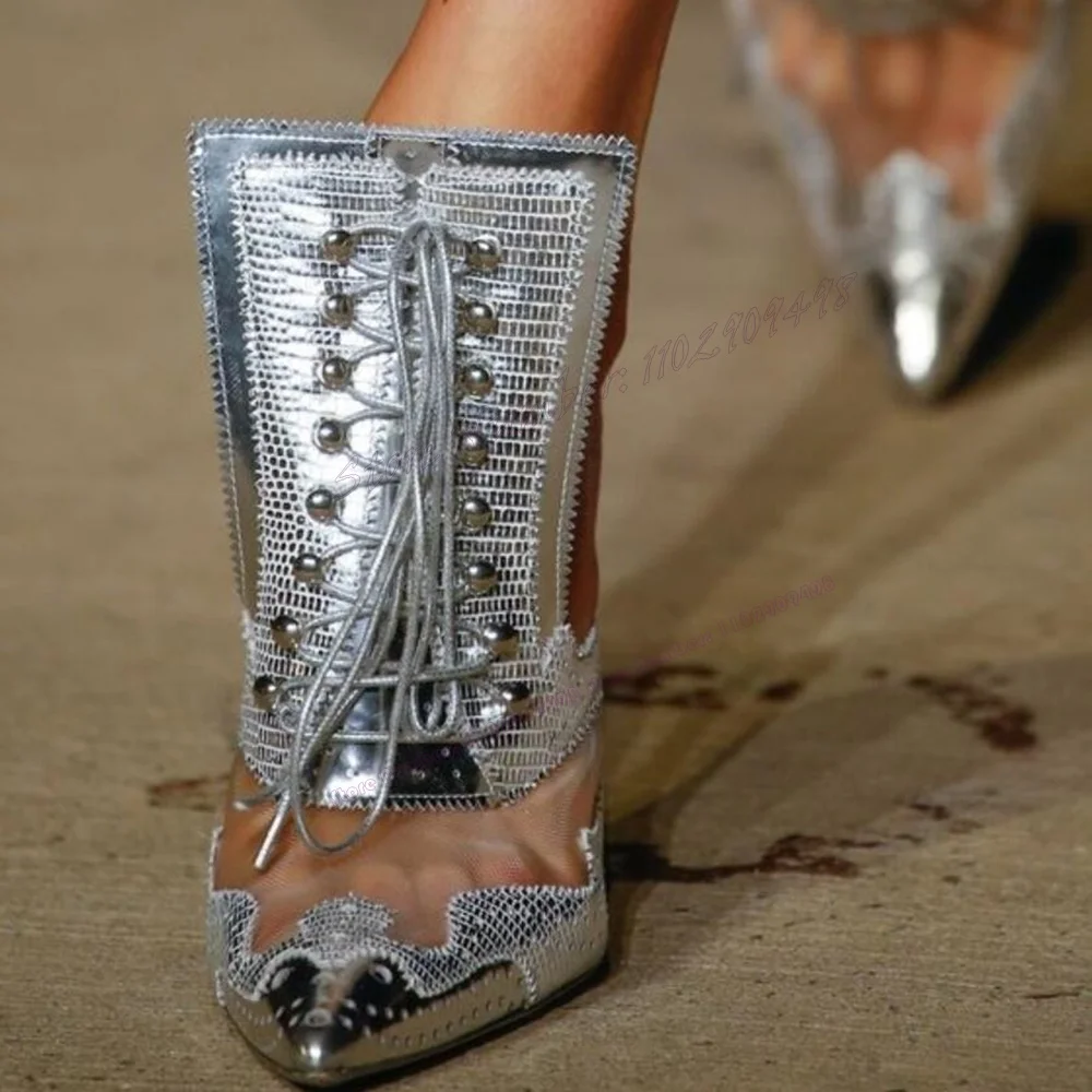 

Silver Patchwork Lace Up Slippers Clear PVC Pointy Toe Shoes for Women Cover Heel Thin High Heels Shoes 2023 Zapatos Para Mujere