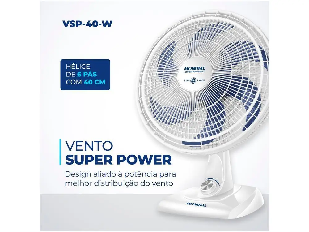 Ventilador de Mesa Mondial Super Power VSP-40-W 40cm 6 Pás 3 Velocidades Branco e Azul - 220V 3