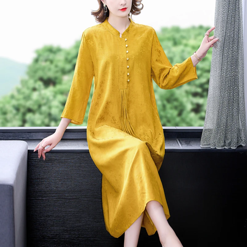Female Mulberry Silk Jacquard Pearl Maxi Dress 2022 Elegant Bodycon Long Sleeve Spring Autumn Korean Vintage Party Dresses | Женская
