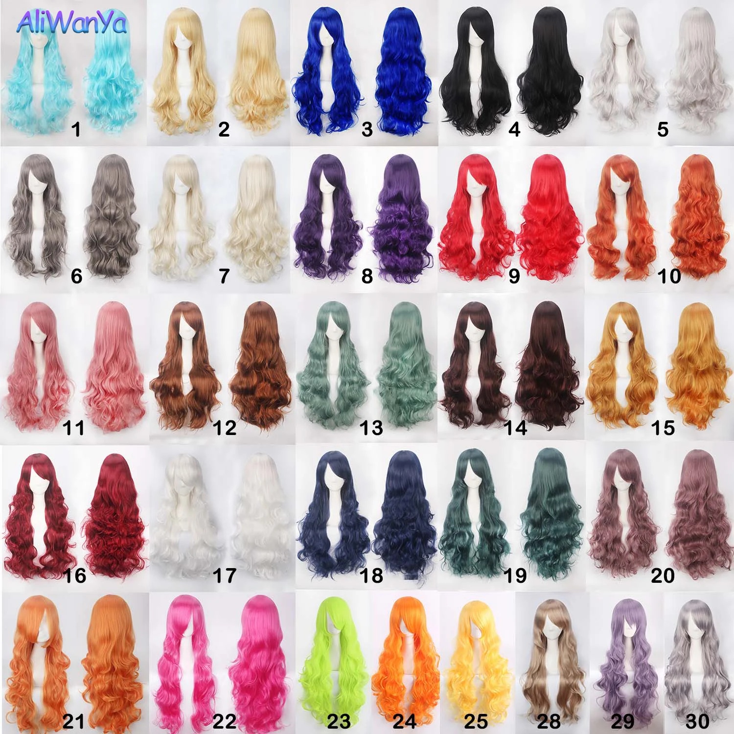 

80CM Long Hair Synthetic Wig With Bangs Wavy Cosplay Wigs For White Women Pink Black Yellow Purple High Temperature Wire