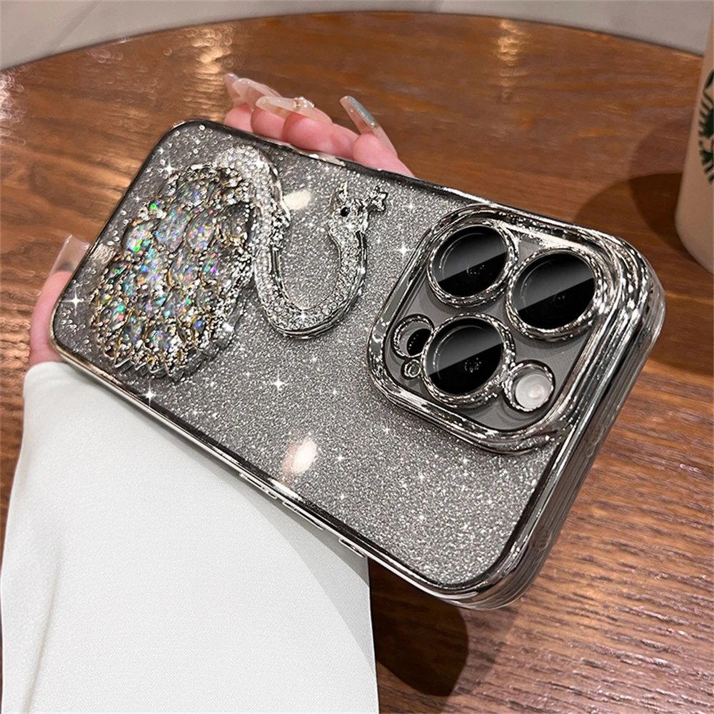 Elegant Bling Glitter Swan Diamond Clear Phone Case - Soft Silicone Shockproof Cover