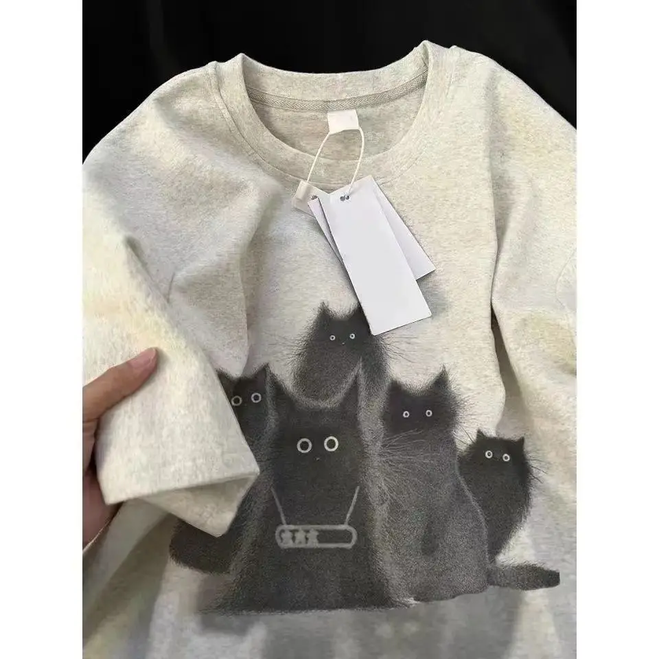 

Korean style pure cotton cat print short sleeved T-shirt for women casual versatile cartoon cute top ins style slimming trend