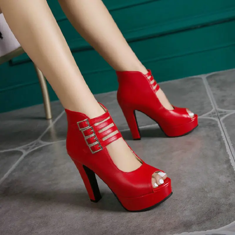 

QPLYXCO 2020 Peep Toe Red Yellow Navy Blue High Heels Woman Shoes Sexy Pumps Platform Sexy Heels Women Sandals Size 34-50