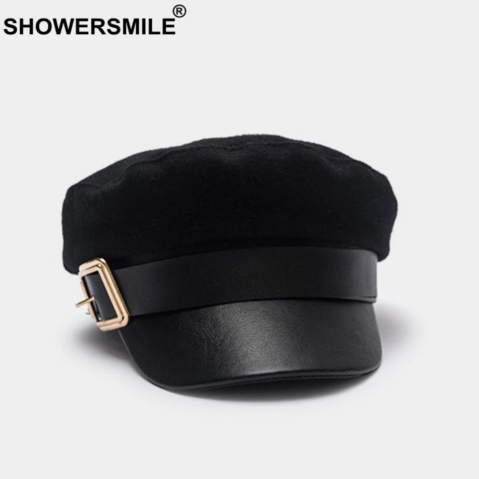 SHOWERSMILE Wool Newsboy Caps Winter Black Captain Hat Women Leather Flat Caps Ladies Elegant Classic British Baker Boy Cap