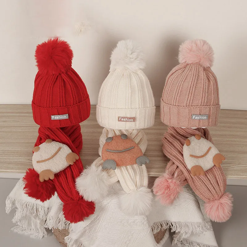 

Menoea Kids Winter Toddler Baby Kids Faux Fur Xmas Ribbon Tie Hat Cap Beanie with 2 Two Double Pom Poms Scarf Ears Hat for Girl