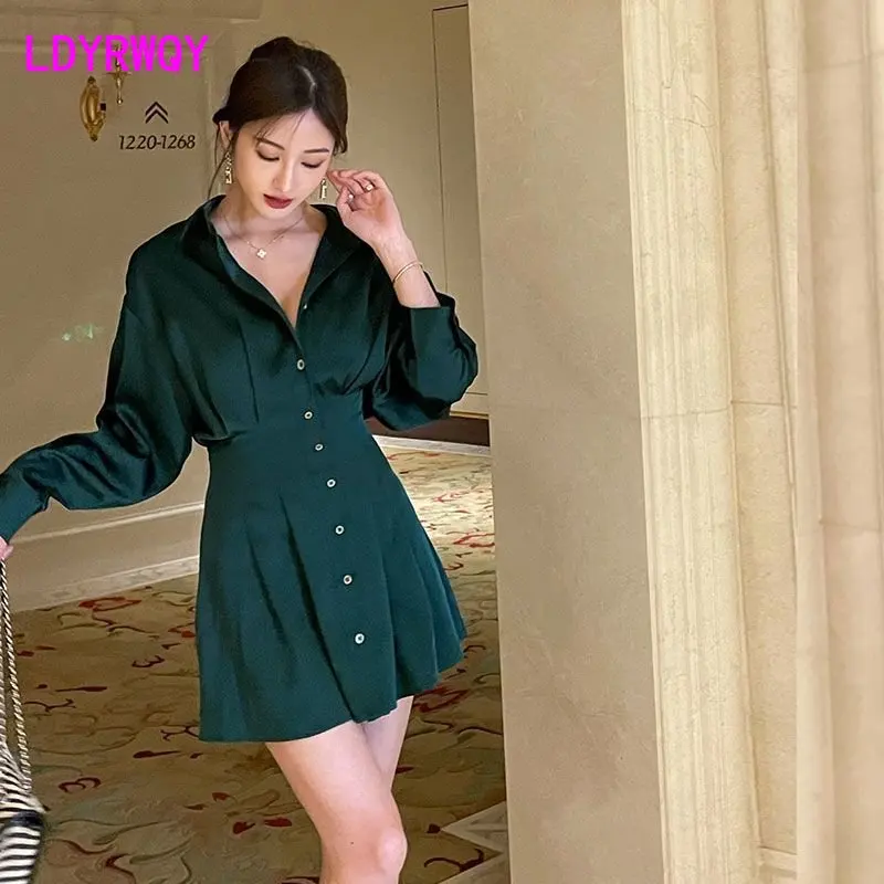 

Imperial sister's grandmother green waist essence skirt V-neck waist shirt skirt shirt dress