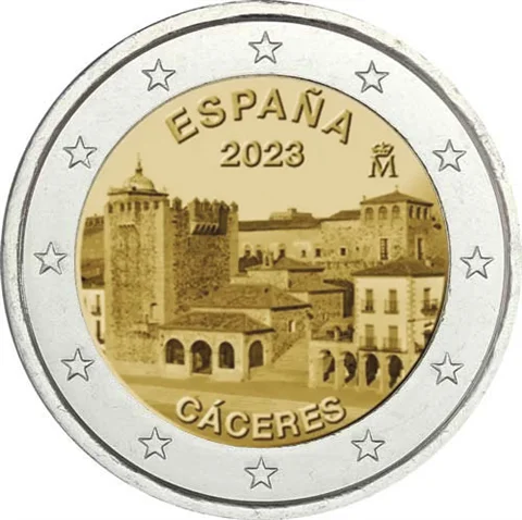 Spagna 2023 Moneta Commemorativa World Heritage-Antica Città Di Caceres 2 Euro Unc Nuovo Di Zecca