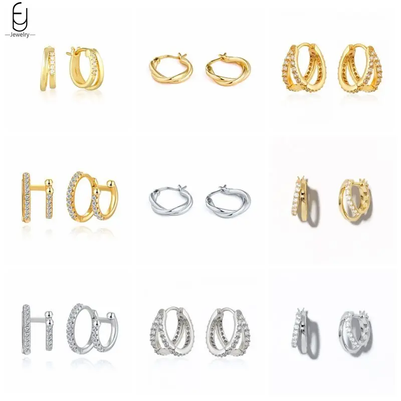925 Sterling Silver Ear Needl Minimalist Double Layer Elegant Hoop Earring for Woman Females CZ Statement Earrings Jewelry Gift