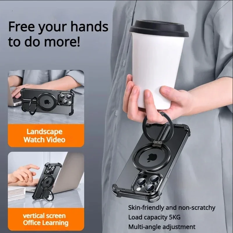 For iPhone 15 14 13 Pro Max Case Metal Aluminum Alloy Frameless Magnetic Magsafe Car Phone Holder rotate Airbag protective cover