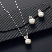 2 PCS Imitation Pearl Pendant Women Necklace Earring Stud Set Silver Color Snake Chain Square Metal Full Crystal Jewelry Set 1