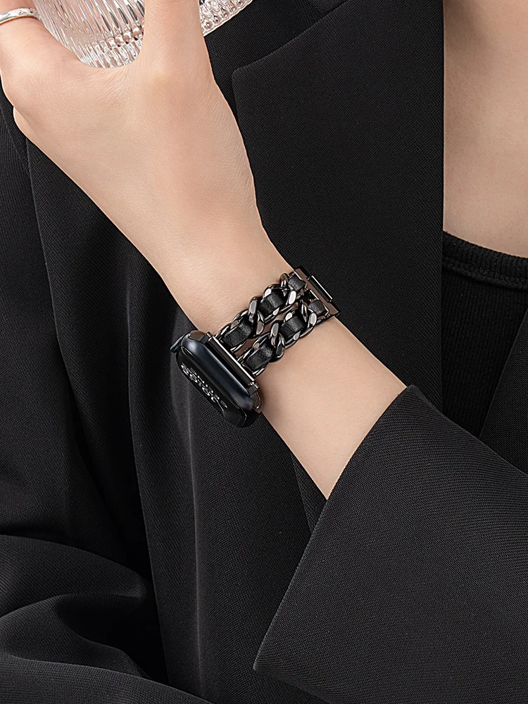 Premium Leather and Metal Wristband Strap - Elegant Design