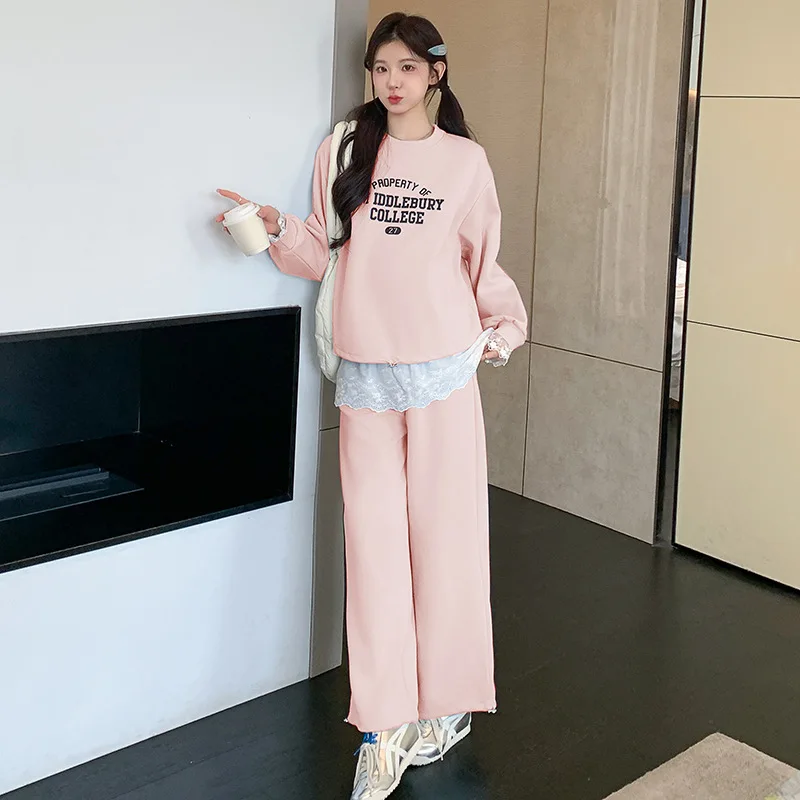 임부복 세트 가을 신상 한국 스타일 캐주얼 나이 감소 루즈 패치워크 레이스 프린트 스웨트셔츠와 바지 투피스 세트