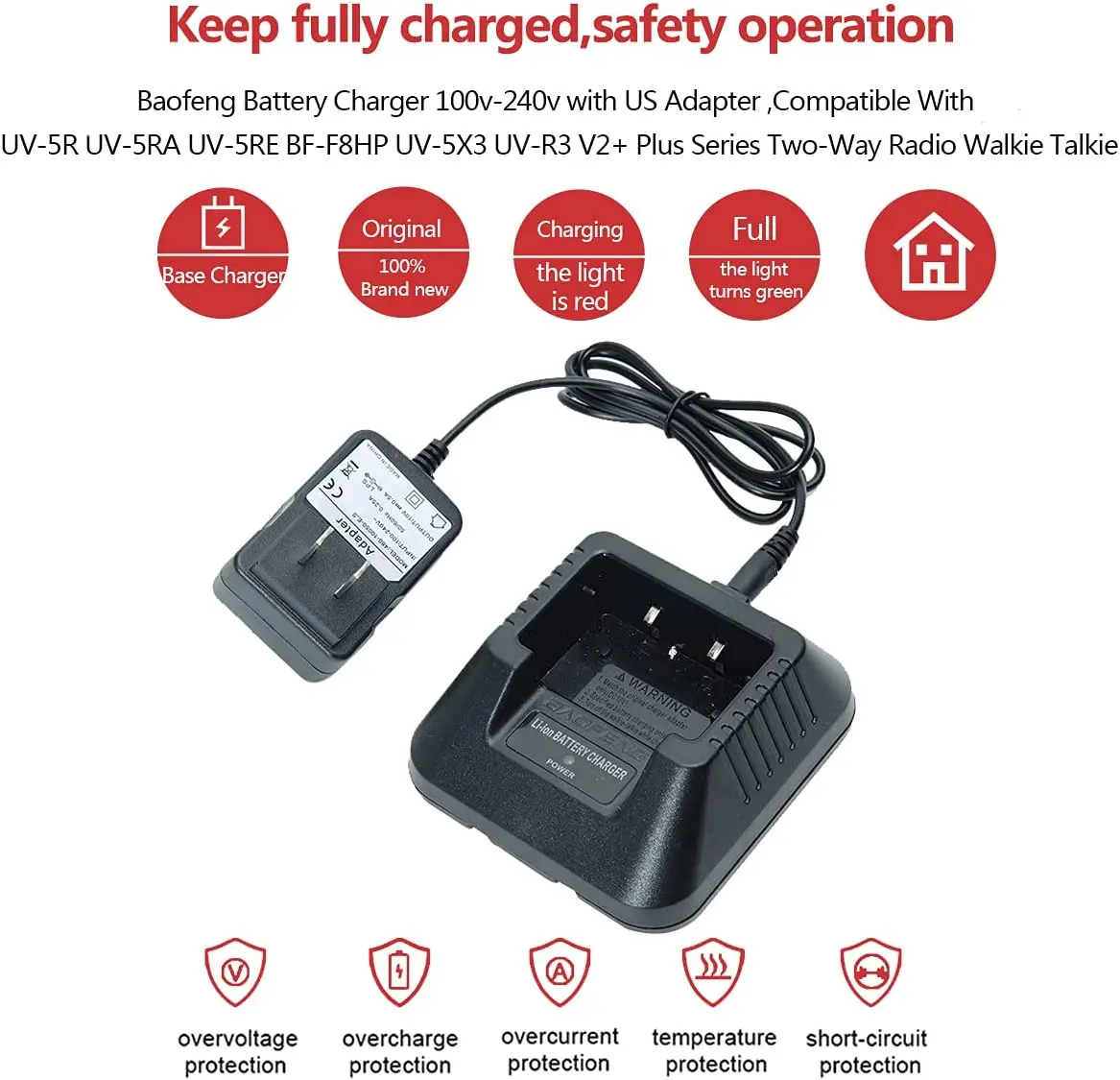 Baofeng Charger UV-5R BF-F8HP Charger Two-Way Radio Charger 100v-240v with Adapter + USB Charger Cable for UV-5R Series Walkie 3
