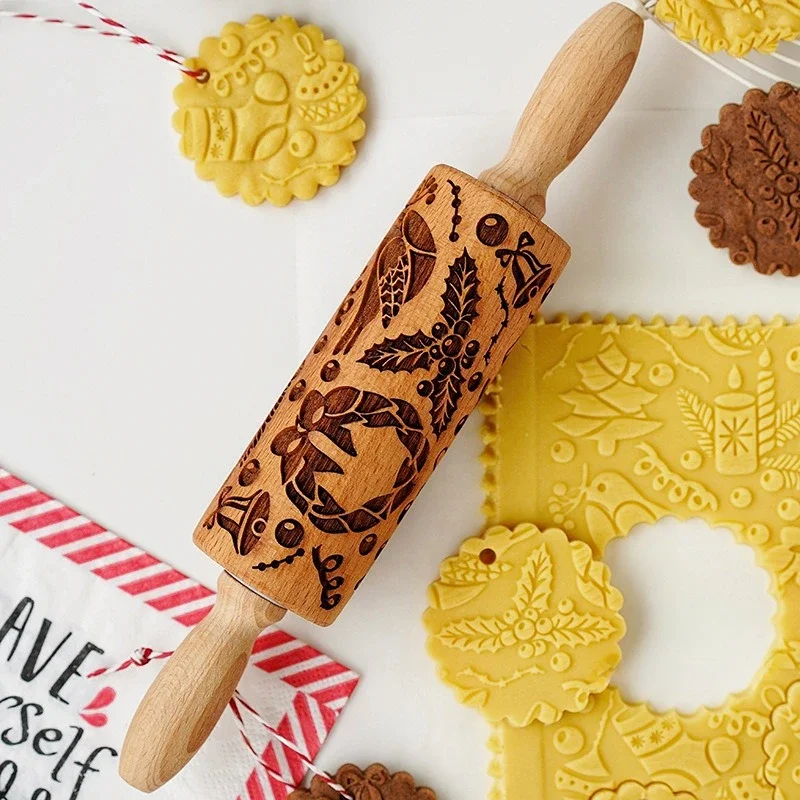 Description Picture 3 of item1 pcs Wooden Embossed Rolling Pin with Pattern for Kitchen Pastry, Baking Tools, Deep Engraving Cookies Stamp Tool