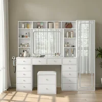 Vanity Desk with Full Length Mirror, LED Makeup Mirror, 14 Drawers & 10 Shelves, Dimmable Lighting, Power Outlet for Bedroom