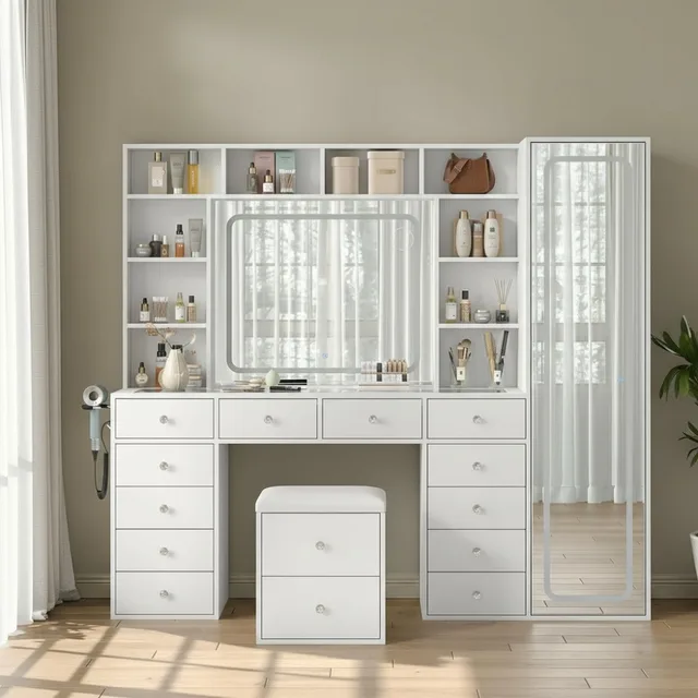 Vanity Desk with Full Length Mirror, LED Makeup Mirror, 14 Drawers & 10 Shelves, Dimmable Lighting, Power Outlet for Bedroom
