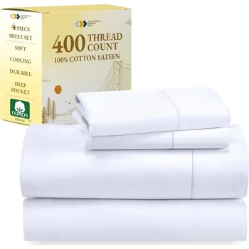 California Design Den King Size Sheets Set - Soft 400 Thread Count Sateen, Natural 100% Cotton Sheets King Size, Deep Pockets wi 1