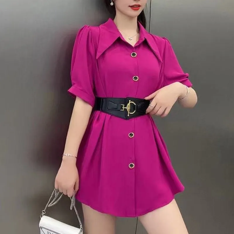 Women 2024 Summer New Korean Solid Color Fashion Square Neck Loose Versatile Cardigan Button Short Sleeve Mid Length Shirts Tops