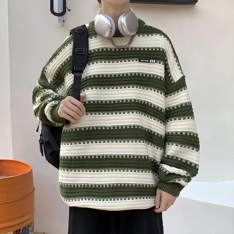 

Men's Stripe Sweater Autumn Winter Warm Long Sleeves Knitting Tops Trend Baggy Pullover Casual Fashion Vintage Y2K Male Clothes