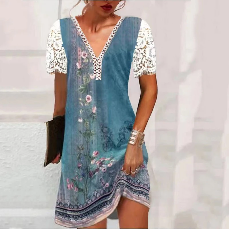 

Women Dress Elegant Lace Patchwork V-neck Hollow Out Short Sleeveless Mini Dresses Vintage Ethnic Print Slim Higt Waist Dress