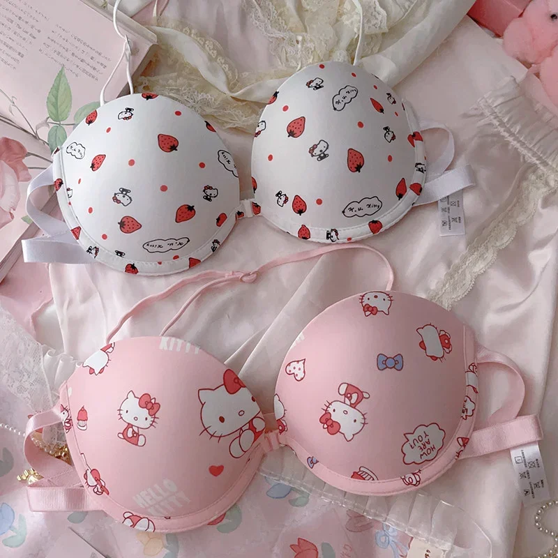 

Женское нижнее белье Hello Kitty Sanrio, милое мультяшное милое мягкое стальное кольцо с пряжкой спереди, сексуальный комплект с бюстгальтером для девушек, летний сексуальный косплей