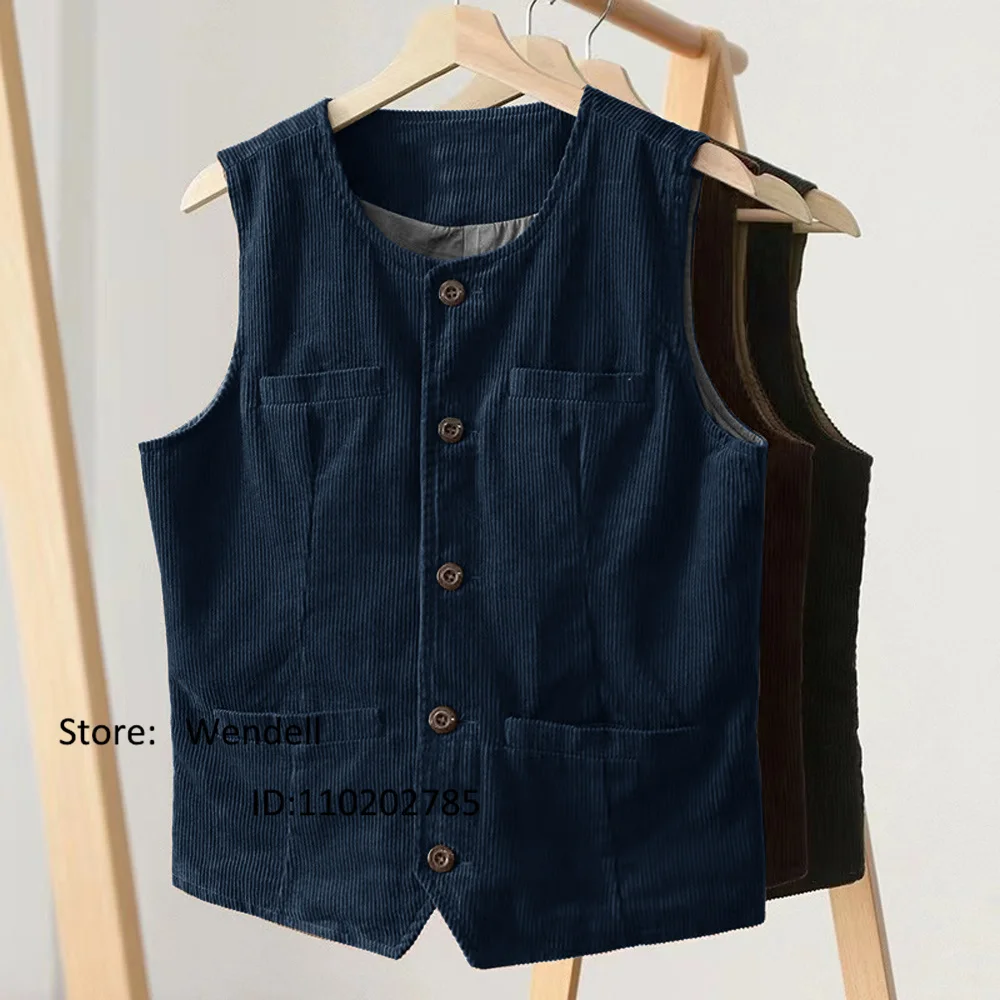 Men's Corduroy Vest Retro Punk Casual Sleeveless Jacket Waistcoat Man Jackets Kuecho Clothes Fan Air Conditioning Male Coat Top
