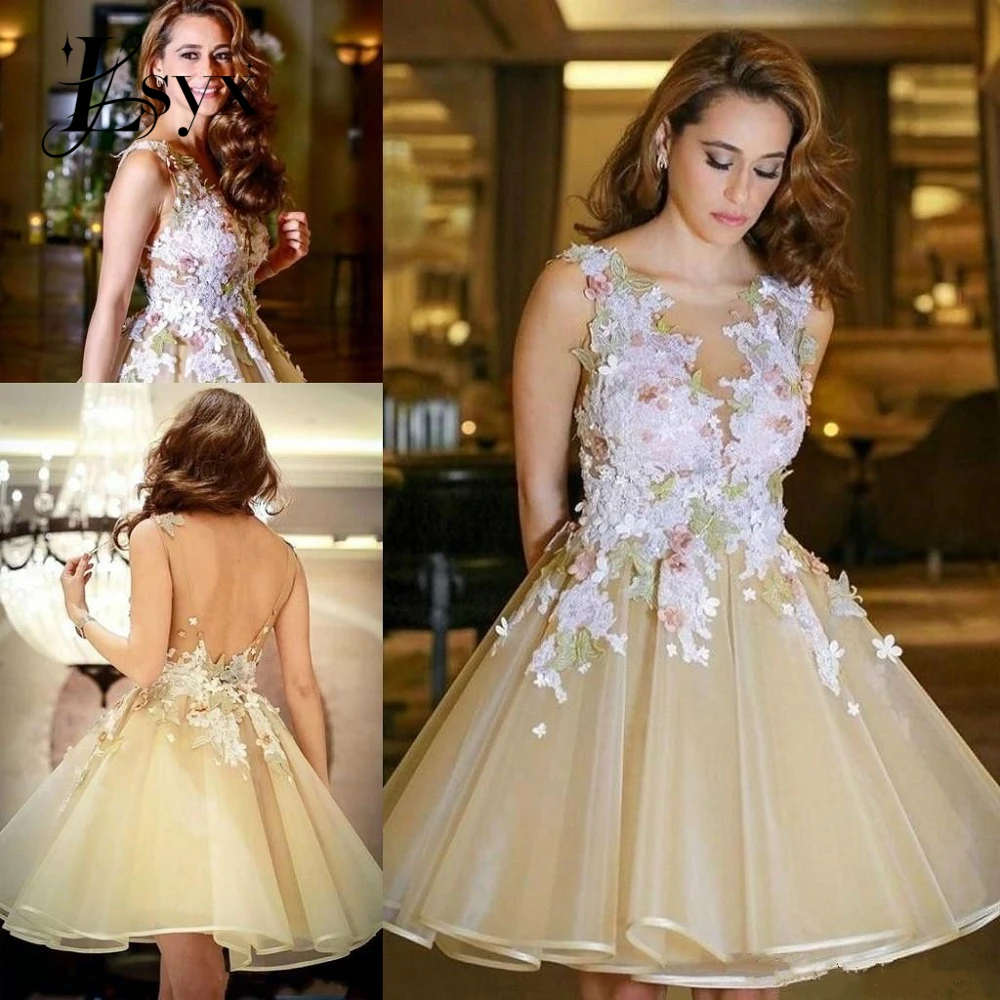 

LSYX Elegant 3D Flowers Short Homecoming Dresses Sheer O-Neck Sleeveless Tulle Formal Party Prom Gown Knee Length Backless