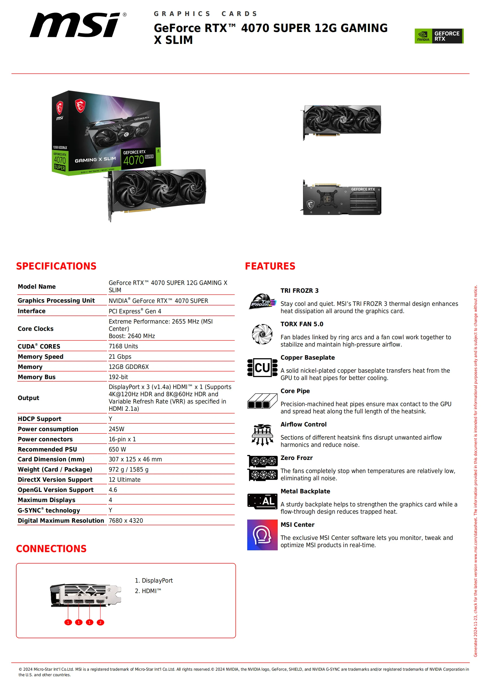 Description Picture 2 of itemOriginal Authentic MSI GeForce RTX 4070 SUPER 12G GAMING X SLIM Esports Gaming Computer Graphics Card  GDDR6X 650W Power Source