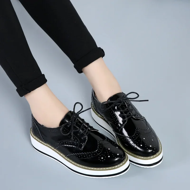 Women Platform Flats Leather Lace Up Classic Bullock Footwear Female 2023 Spring Autumn Oxford Shoes Plus Size 43 Zapatos Mujer