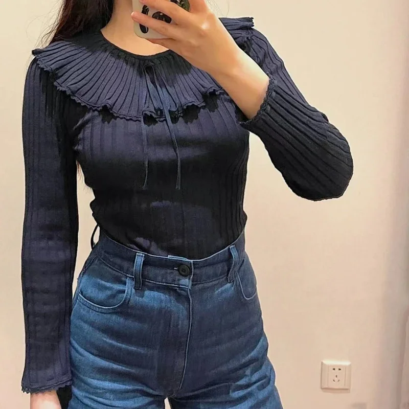 

New Autumn 100% Wool Ruffle Slim Long Sleeve Knitted Bottoming Top for Women