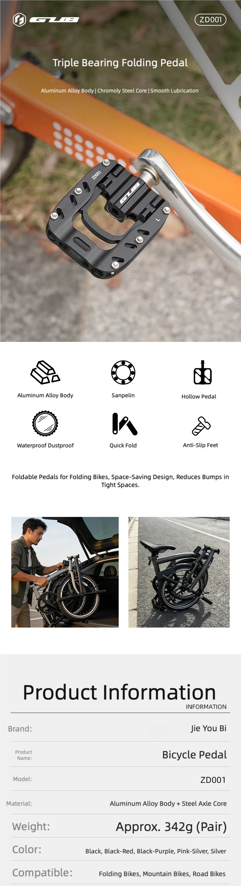 GUB ZD001 Fahrrad-Klapppedale mit Drei Lagern für Rennrad und Mountainbike aus Aluminiumlegierung, Rutschfeste Pedale – Detail 1