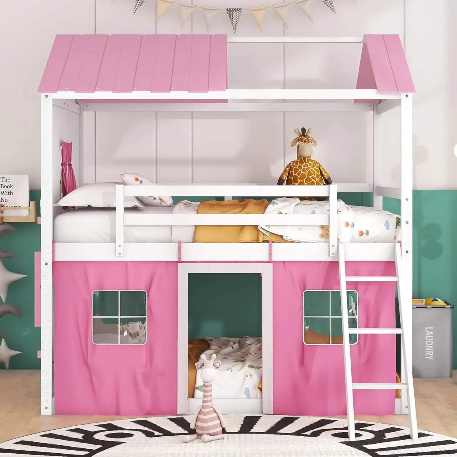 Twin Over Twin Bunk Wood House Bed with Elegant Windows, Sills and Tent, Pink+White 2025 Christmas gifts 3