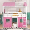 Twin Over Twin Bunk Wood House Bed with Elegant Windows, Sills and Tent, Pink+White 2025 Christmas gifts 3