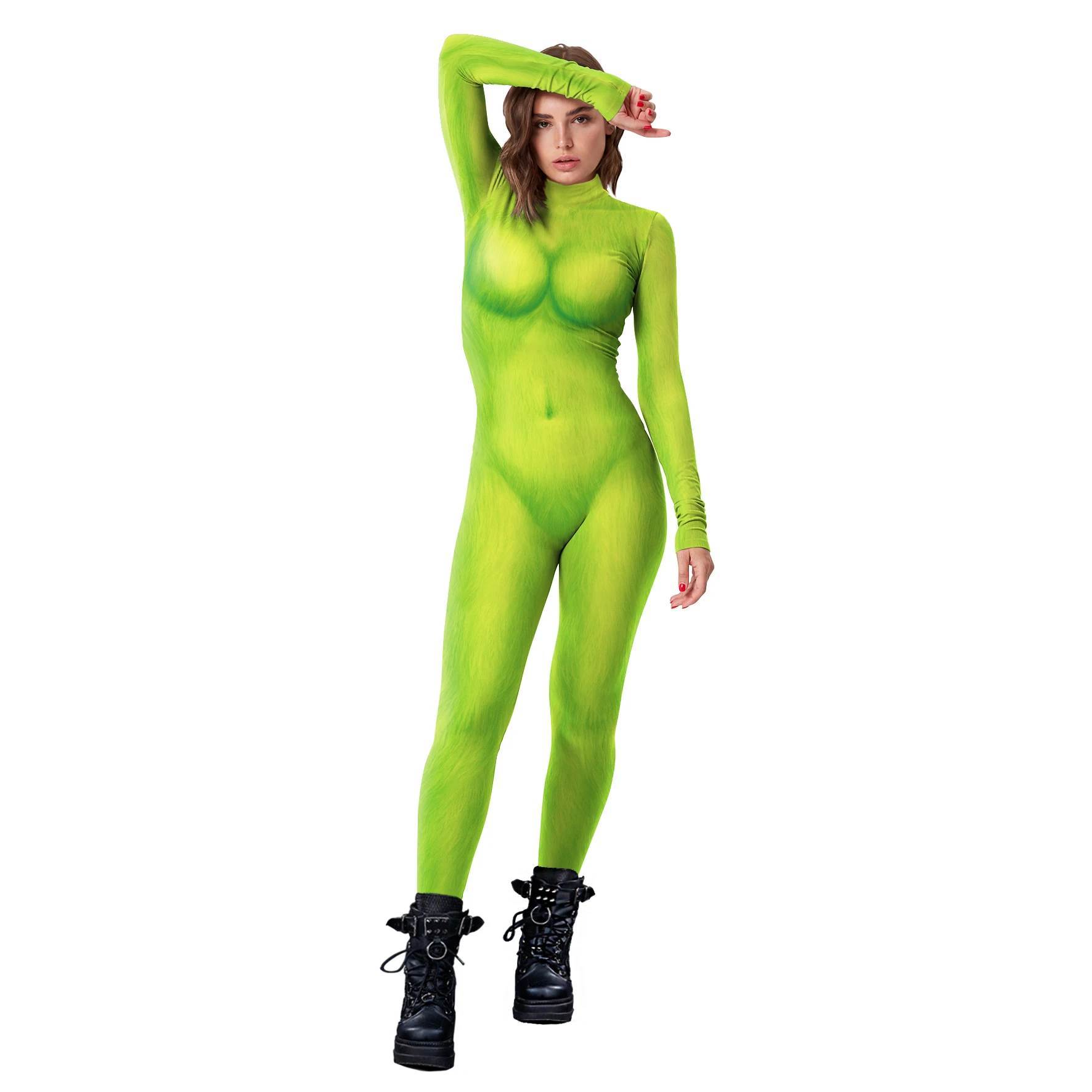 thumbnail image 1 of Mono de Navidad de color Cosplayer, disfraz de Cosplay de Navidad, mono de terciopelo de lana verde con estampado, mono ajustado de fiesta para parejas, 1 of 5