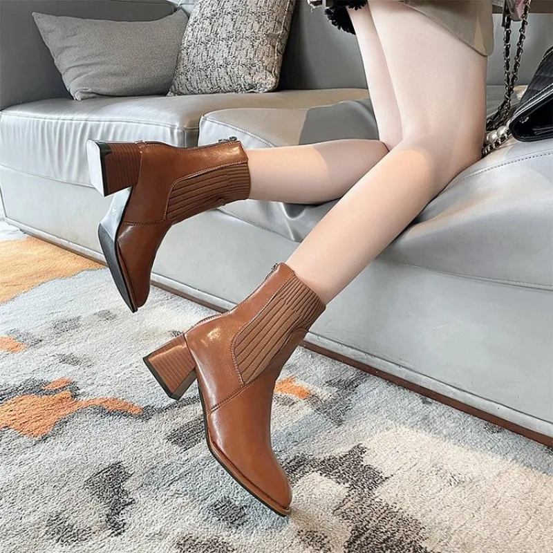 Shoes for Women 2023 Winter New Square Toe Women's Boots High Quality Brown Ankle Boots Simple Versatile Platform Ladies Boots