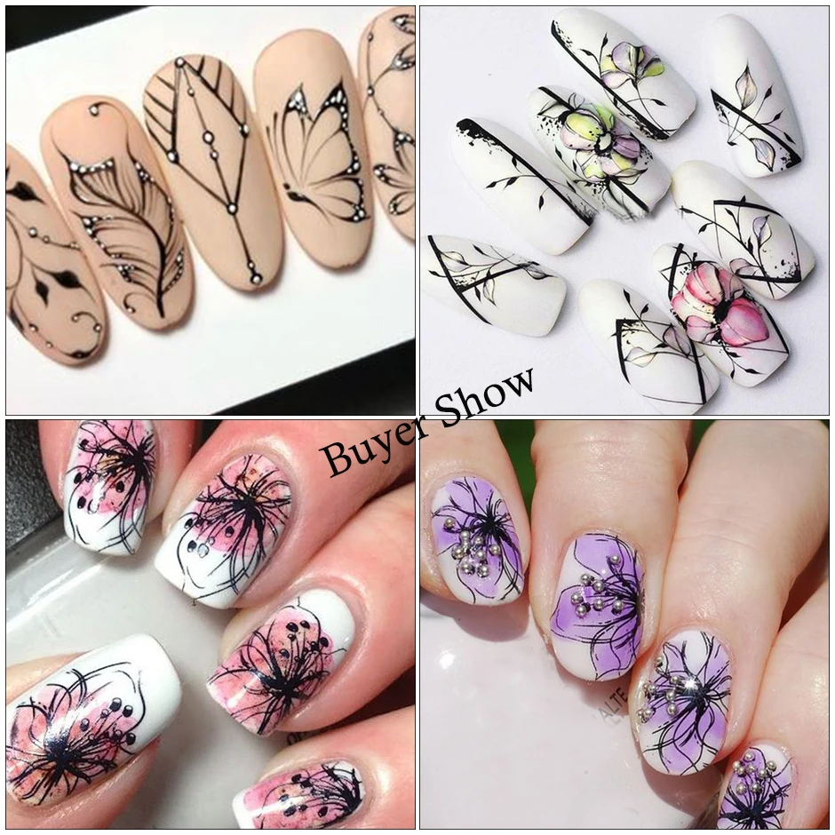 14pcs Black Nail Stickers Slider Flower Lotus Butterfly DIY Floral Designs Water Tattoo for Wraps Decals Manicure Set STZ880-902