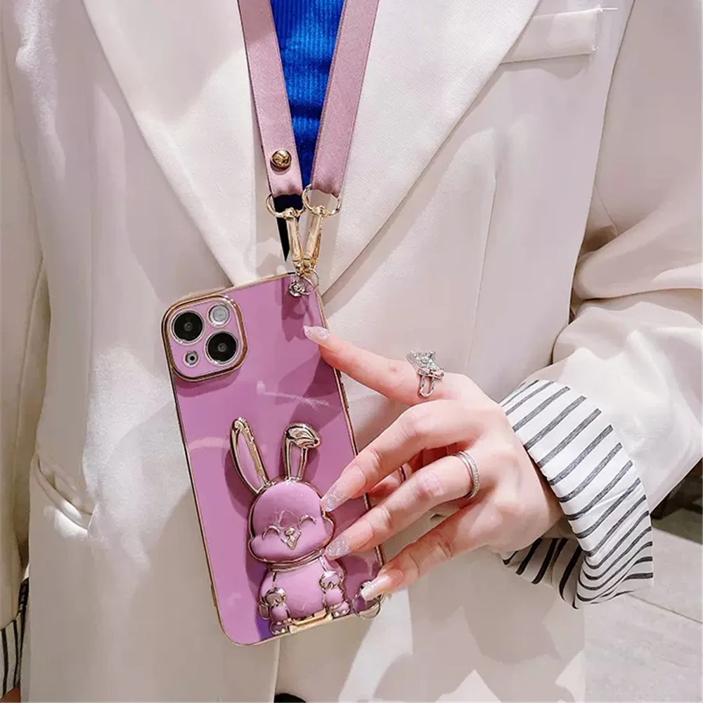 Cute Rabbit Design Crossbody Lanyard Phone Holder Case with Shockproof Stand and Plating Cover