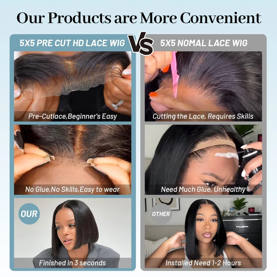 5X5 4X4 Glueless Straight Bob Wig Human Hair No Lace Closure Bob Wig Human Hair Pre Plucked with Baby Hair For Black Women 4