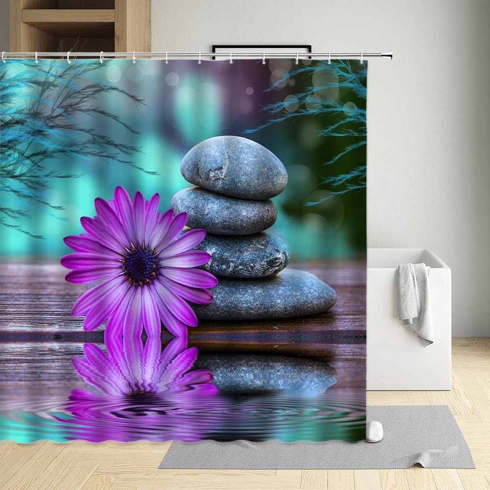 

Zen Stone Yoga Shower Curtain Purple Flower Bamboo Board Butterflies Waterproof Cloth Bathroom Decor Bath Screen With Hooks