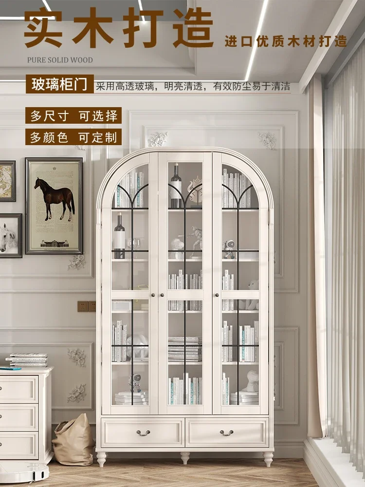 

Retro French Wine Cabinet Arched Door Glass Door Dust-Proof Bookcase Study Bookcase Display Cabinet